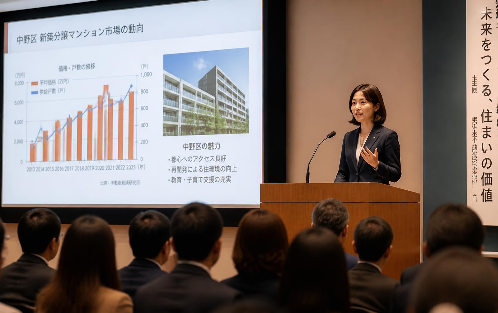 正装の日本人女性が日本人の聴衆に向けて不動産投資について講演している様子